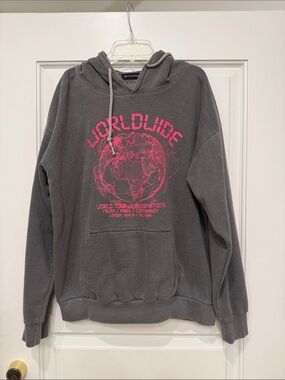 PrettyLittleThing Gray Crewneck Hoodie with Neon Pink Globe Graphic